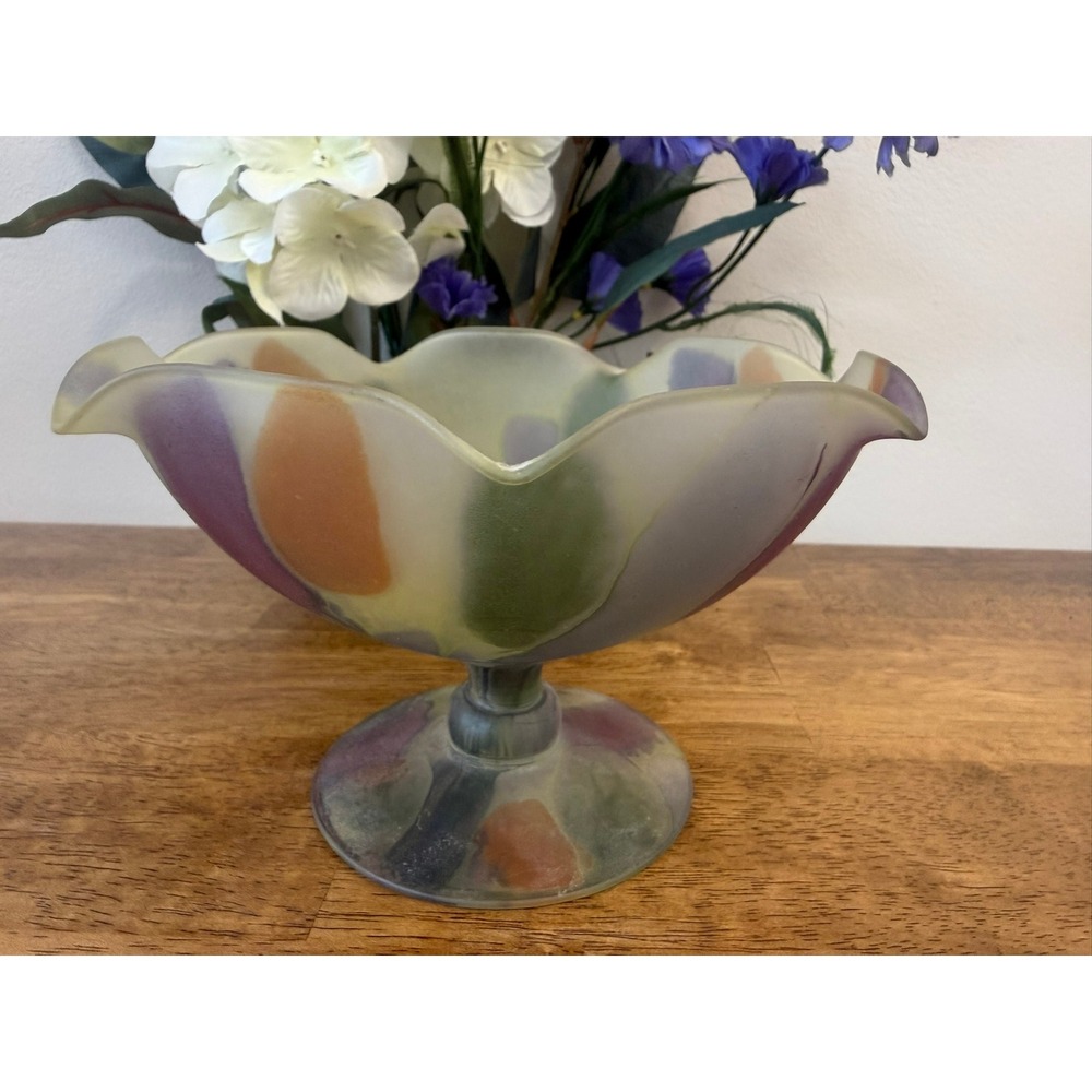 Vintage RUEVEN Hand Painted Satin Art Glass Compote Candy Dish Pedestal‎ Bowl